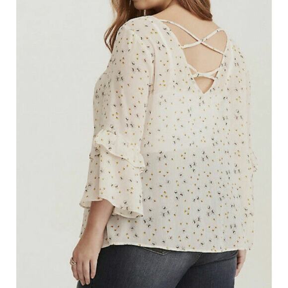 Torrid Blouse Plus 4X White Yellow Floral Ruffle Sleeve Sheer Tunic Top - Picture 1 of 10